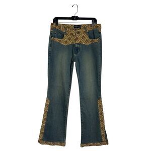 Vtg Wild Secret Floral Tapestry Patchwork Denim Flare Jeans 9 Boho Western Y2K